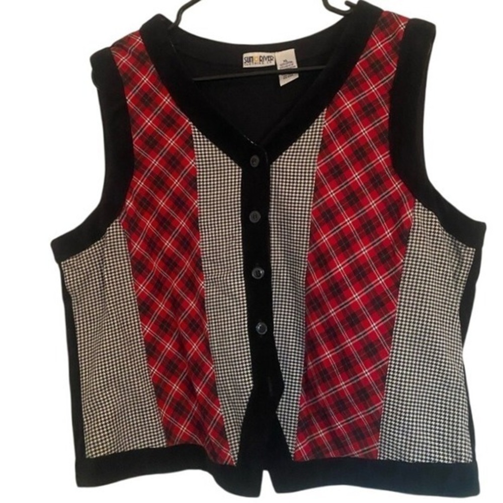Sun River Vintage Plaid Houndstooth Vest Button Front Sleeveless Top Career XL